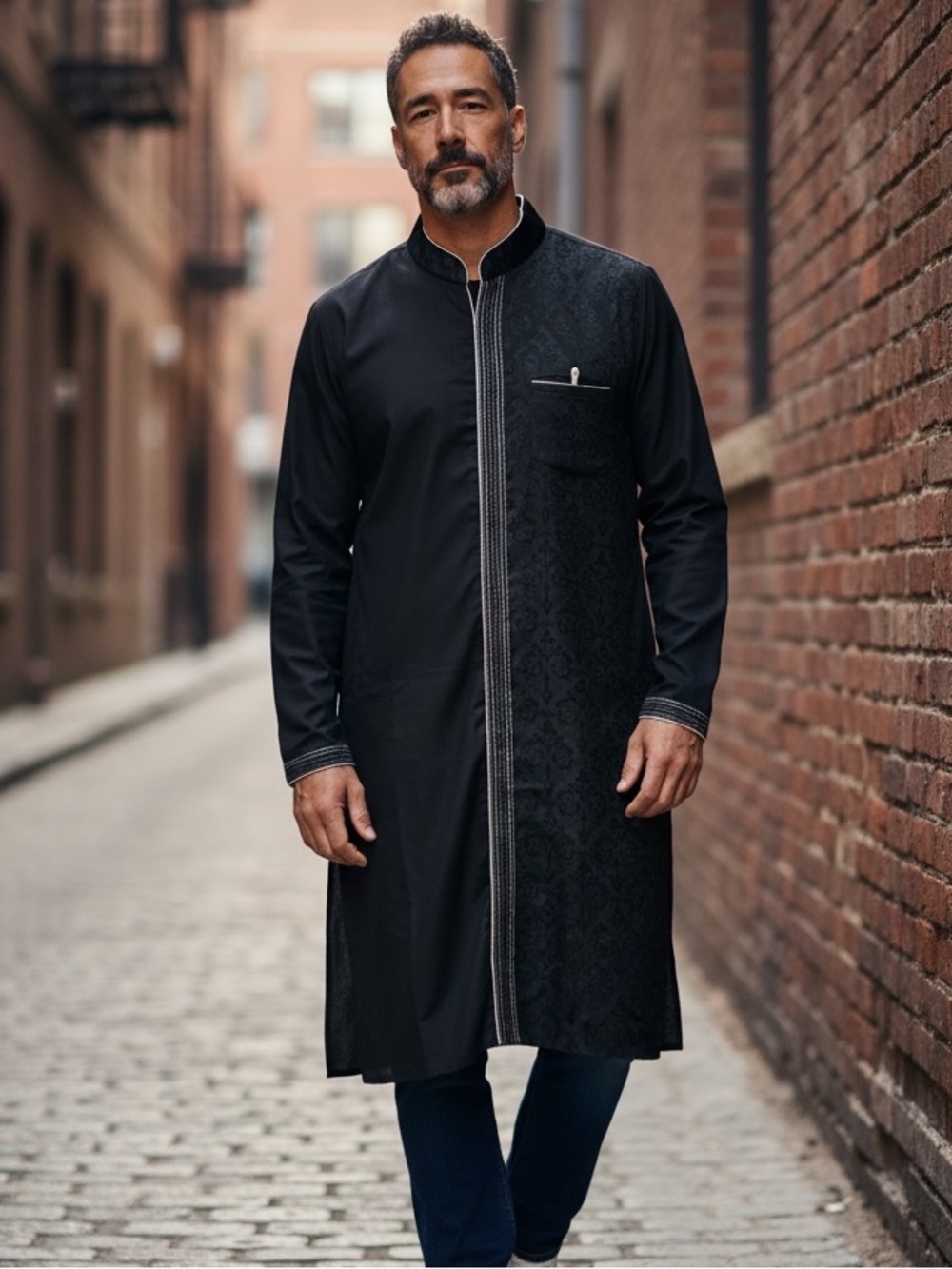 Men's Black Jubba/Thobe Kurta Subtle Jacquard Panel Silk NWT